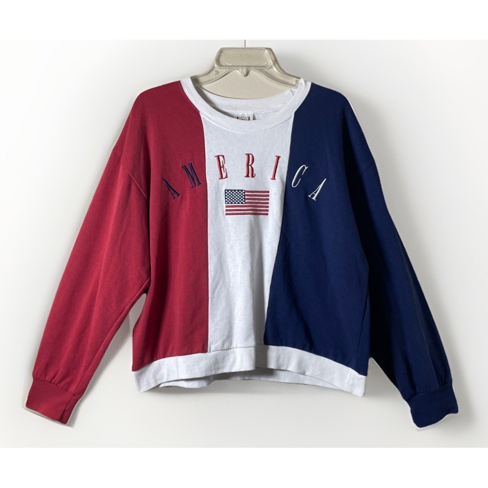 IML America Sweatshirt Women Large Color Block Embroidered Red Blue Cropped